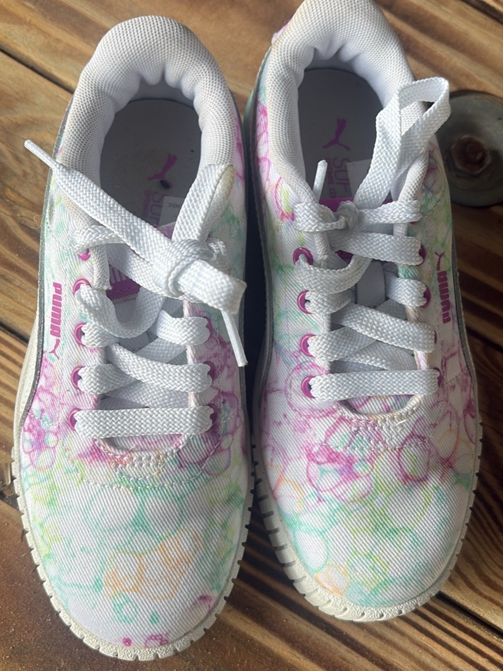 Little Girl Puma White Sneakers with Pink and Mint Floral Accents, Size 1.5C